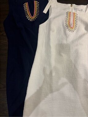 2 Trina Turk Dresses (Navy & White) with Pink, Yellow & Gold Beadwork